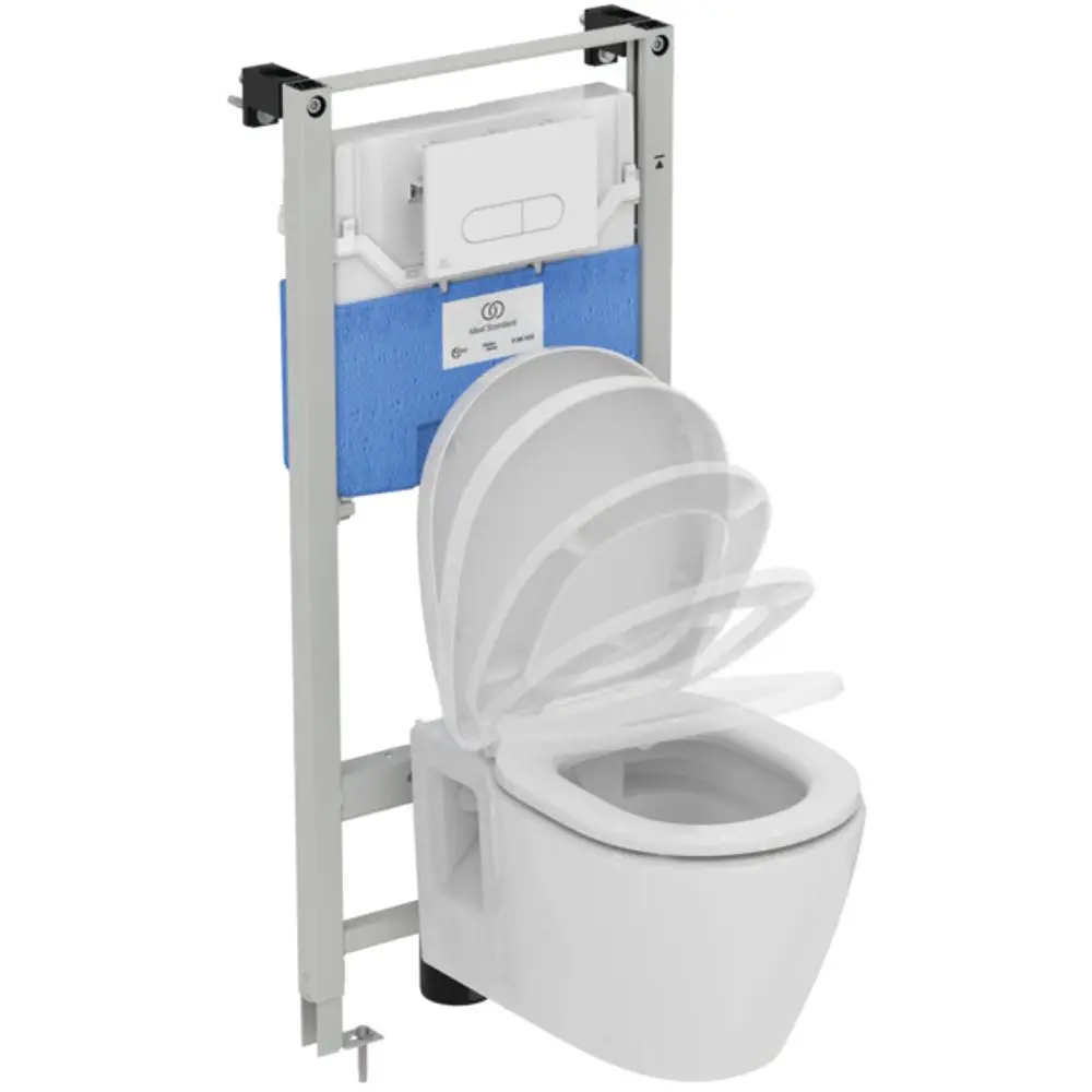 Weißes WC-Element von Ideal Standard mit integrierter Spültechnik und schwenkbarem Deckel, montiert auf einer stabilen Rahmenkonstruktion.